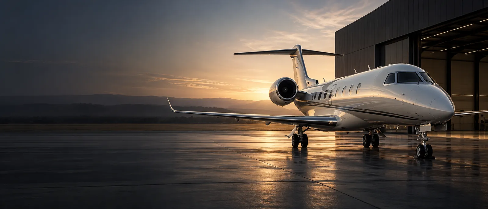 A business jet on a hangar apron at dawn; AI-generated editorial illustration.