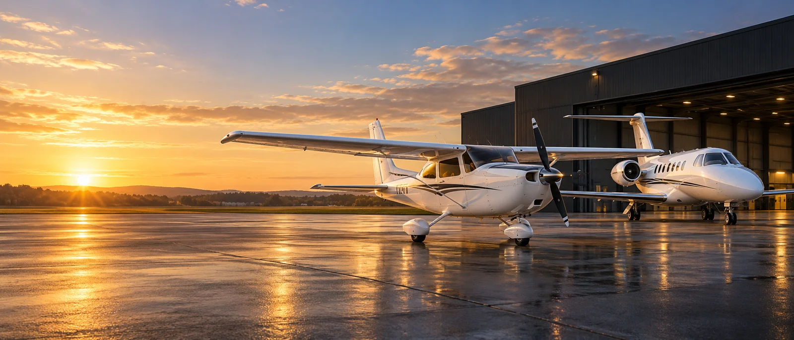 A single-engine piston aircraft and a business jet together on a hangar apron at sunrise; AI-generated editorial illustration.