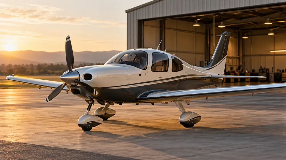 Generic light aircraft outside a hangar; AI-generated illustration.